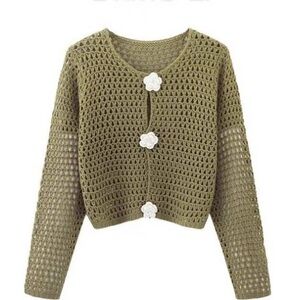 Japanese Hand Knitted Crochet Women Sweater with Flower Buttons